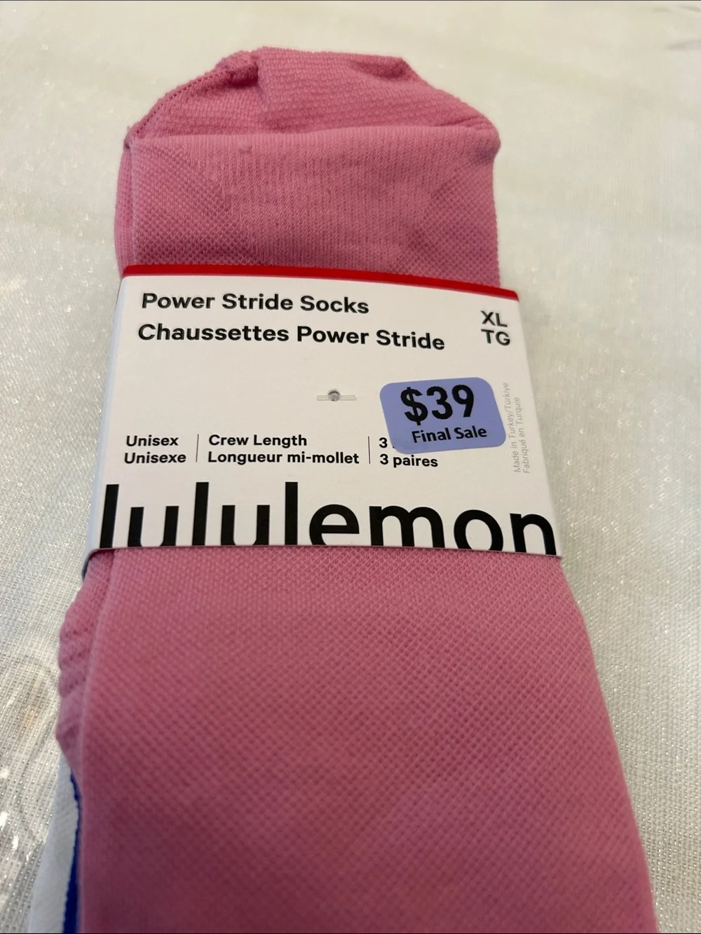Lululemon Power Stride Crew Socks - Pink (Unisex) Xl new with tag 3 pair